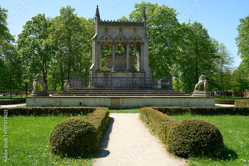 Path to Potocki mausoleum in park at Wilanow in Warsaw city, Poland photo