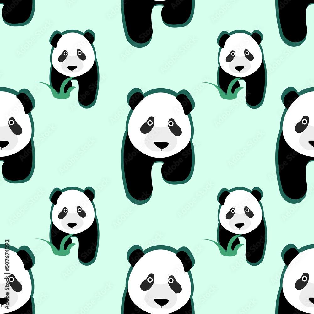 Children's pattern. Walking panda with grass pattern. Background with animal theme. Cute background, cute pattern for wallpapers, covers, sheets, blankets, kids room