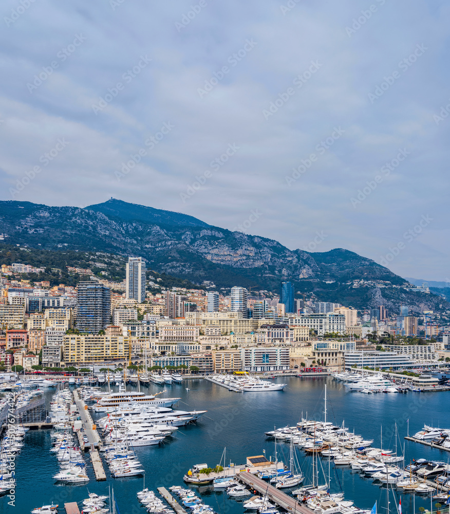 Monaco City buildings and the harbour on a beautiful spring day