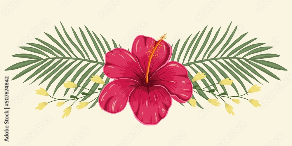 Tropical design element with flower hibiscus and leaves palm. Vector on a light background