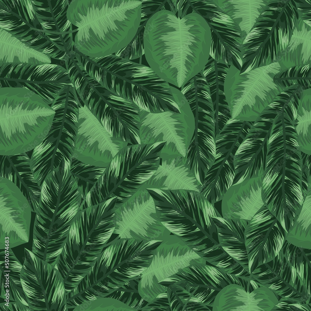 Tropical foliage green seamless pattern with palm leaves and monstera vector