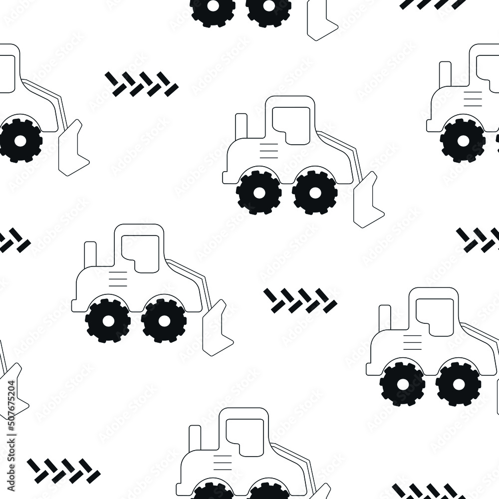 Hand drawn black and white cartoon bulldozer seamless pattern. Kids ...