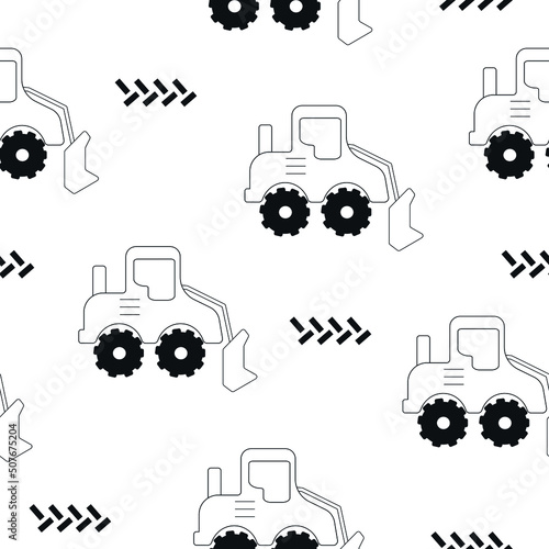 Hand drawn black and white cartoon bulldozer seamless pattern. Kids funny print with a loader car. Scandinavian style toy vehicle. Baby design for fabric, packaging, textiles. Childish nursery.