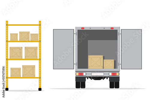 large truck open with boxes for delivering mail and goods from the warehouse