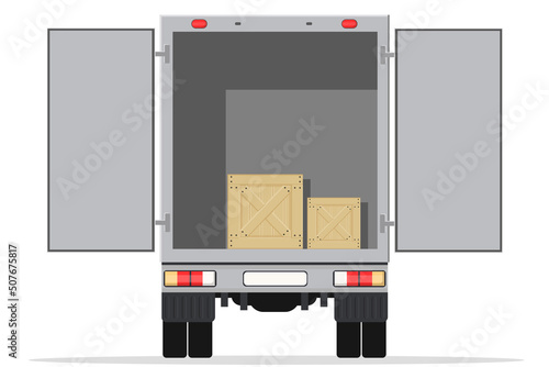 large truck open with boxes for delivering mail and goods from the warehouse