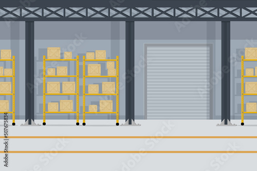 a large warehouse with goods for the delivery of boxes of parcels of goods on the shelves