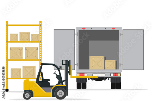 large warehouse with shelves and boxes for goods and parcels by yellow forklift and truck