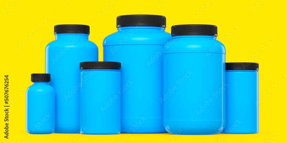Set of blue plastic jar for sport nutrition protein powder isolated on yellow Set of blue plastic jar for sport nutrition protein powder isolated on yellow
