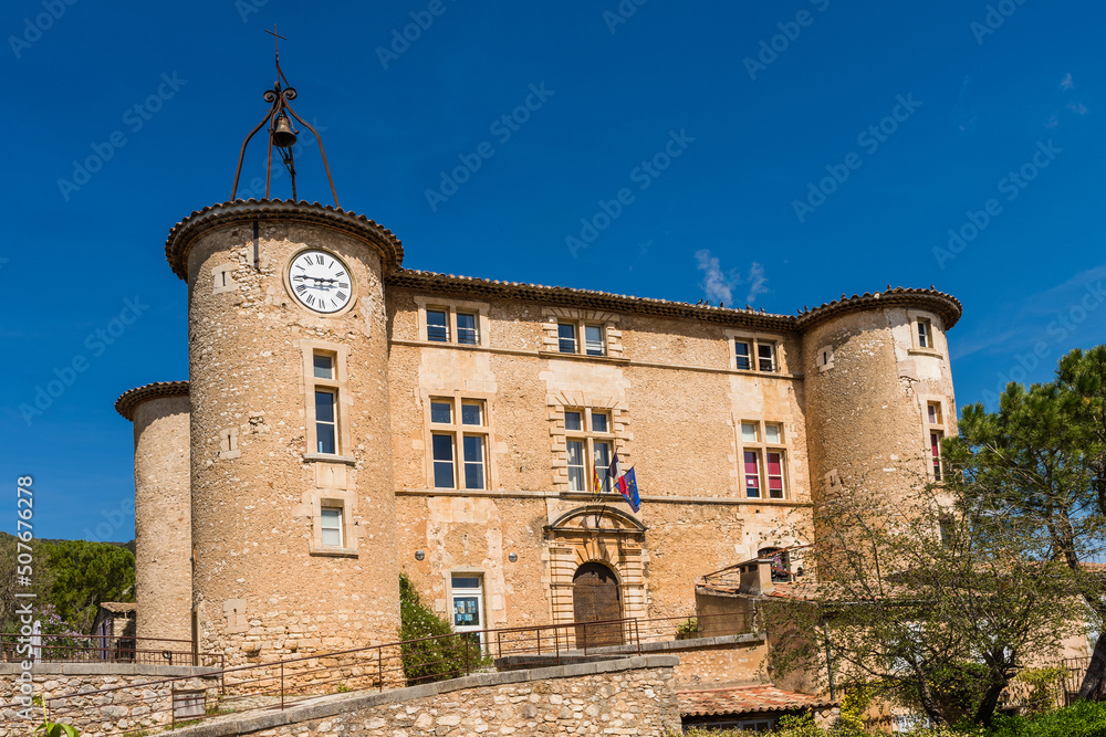 The Château de Rustrel, a historic monument which houses the town hall, Vaucluse department, Provence, France