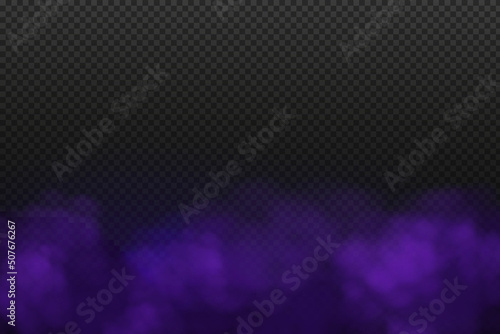 Realistic scary mystical fog in night Halloween. Purple poisonous gas, dust and smoke effect.
