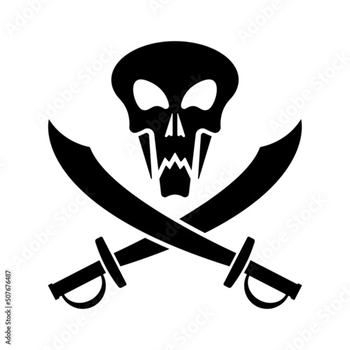 Skull and crossed sabers icon. Black silhouette. Front view. Vector simple flat graphic illustration. Isolated object on a white background. Isolate.