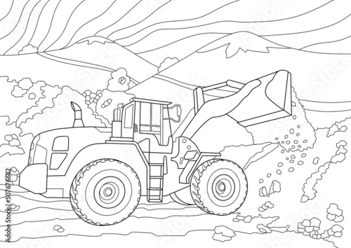 Coloring page antistress excavator digs the ground against the backdrop of mountains. Transport, construction equipment. Coloring book for boys