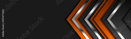Technology banner design with metallic silver arrows. Abstract geometric black and orange vector background