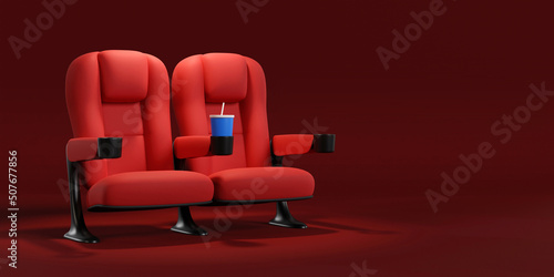 Cinema seats couple stand on red carpet. Buy movie ticket concept, movie night. 3d rendering.