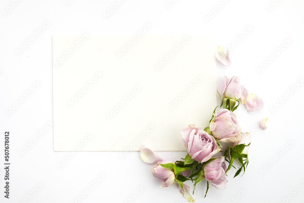 Fototapeta premium Framework from roses and petals on white background. Flat lay.