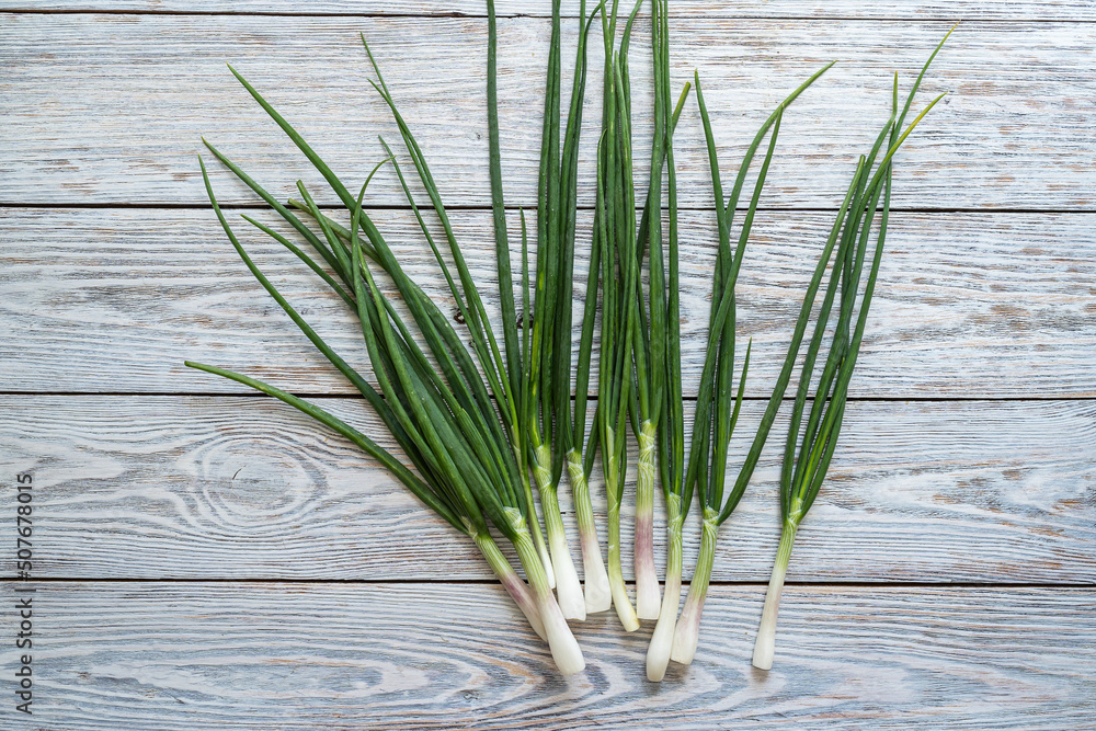 Organic green onion, spring, crop. Top view copy space Organic green onion, spring, crop. Top view copy space