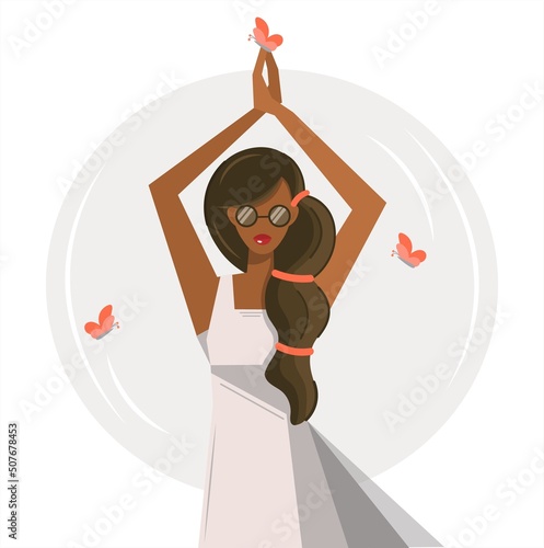 A girl in a white dress is doing yoga. Dancing young African American woman. Modern design with a stylish brunette and butterflies. The concept of positivity, creativity. Vector isolated flat design.