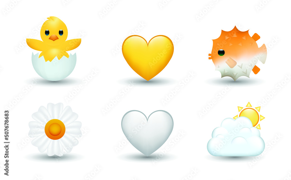 6 Emoticon isolated on White Background. Puffer fish, chicken with broken egg, white and yellow heart, Daisy, chamomile flower, cloud with sun vector emoji illustration. 3d Illustration set. 6 Emoticon isolated on White Background. Puffer fish, chicken with broken egg, white and yellow heart, Daisy, chamomile flower, cloud with sun vector emoji illustration. 3d Illustration set.