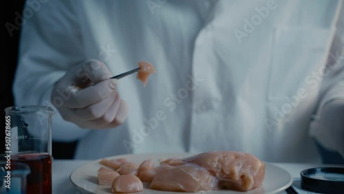 Biologist looking meat sample through magnifying glass, food certification. Lab assistant studying meat sample with magnifying glass, helminth analysis. Researcher testing GMO chicken in chemical lab photo