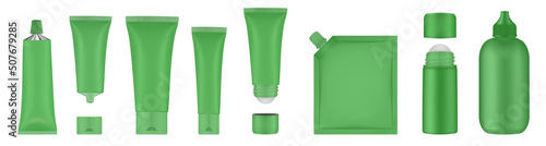 Set of green tubes and bottles. Roller ball tube. Body antiperspirant deodorant roll-on, open and closed blank tubes with screw cap. Realistic mockup. Eye Cream Roll Ball. Applicator. Spouted pouch