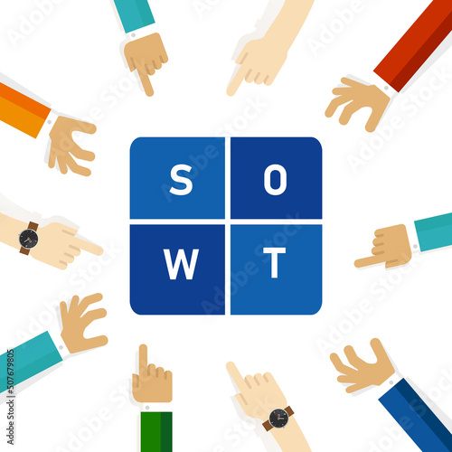 SWOT analysis business framework icon illustration hand pointing team focus on concept discus