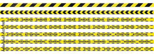 realistic yellow warning tape with black stripes and inscriptions warning, caution,danger, attention,stop. vector illustration isolated on white background.