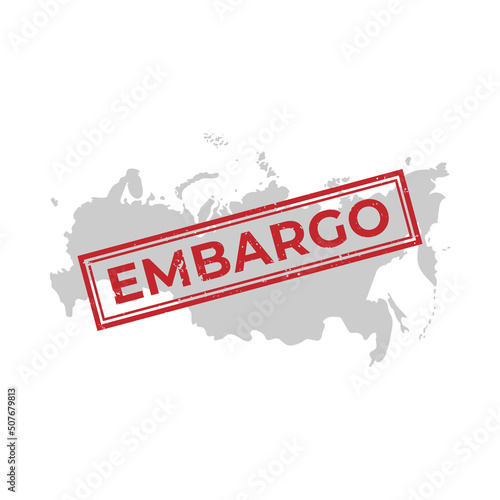 red rectangular stamp with embargo inscription with grunge effect and map of russia. vector illustration isolated on white background.