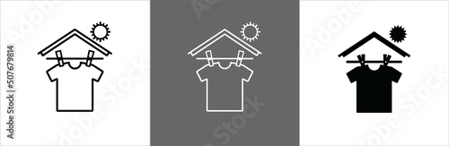Under the sun shade clothesline icon set. Clothes drying line inside the house vector illustration. Drying instruction.