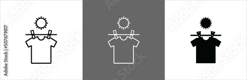 Direct under the sun clothesline icon set. Clothes drying line under the sun light vector illustration. Drying instruction.