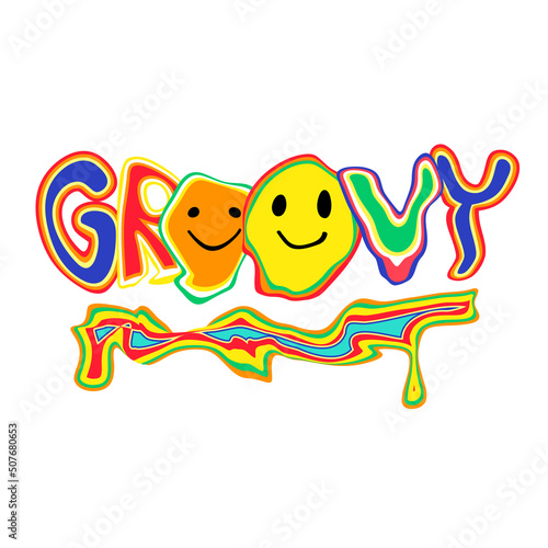 Hippie groovy lettering with psychedelic groovy smileys. Good vibes hippie retro style 1960 and 1970