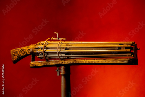 historical multi-barreled musket. Vintage machine gun from middle ages (isolated)