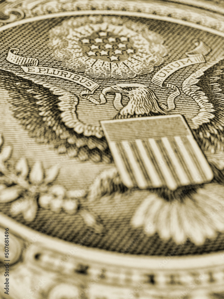 Obraz premium 1 US dollar. Fragment of banknote. Reverse of bill with the Great Seal. The bald eagle is the national symbol. Olive tinted vertical illustration. American treasury and treasuries. Economy of the USA