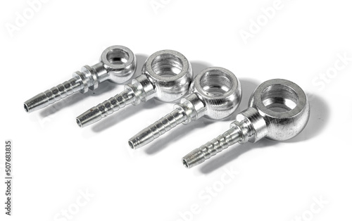 Set of fittings, quick couplings for hose isolated on white background.