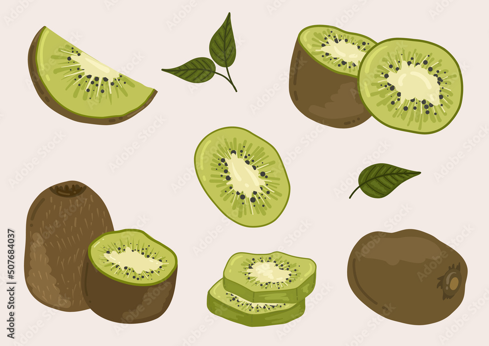 Set of kiwi with leaves. Fruit cartoon doodle illustration Set of kiwi with leaves. Fruit cartoon doodle illustration