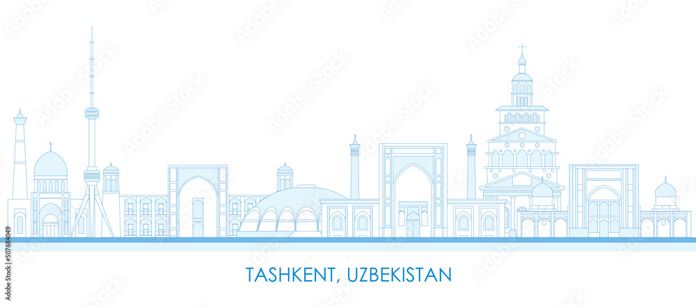 Outline Skyline panorama of city of Tashkent, Uzbekistan - vector illustration - obrazy, fototapety, plakaty 