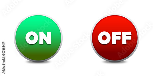 On and off toggle round color buttons with lettering and shadows. Red and green circle icons. Flat vector illustration.