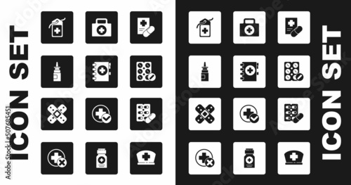 Set Medical prescription, clipboard, Bottle nasal spray, Cross hospital medical tag, Pills in blister pack, First aid kit, and Crossed bandage plaster icon. Vector