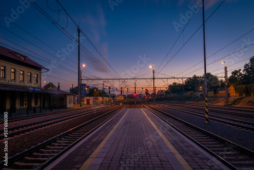 Hostivar station in Prague with sunset color evening