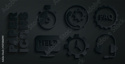 Set Time Management, Label with text FAQ, Speech bubble Help, Headphones, Telephone 24 hours support and Stopwatch icon. Vector