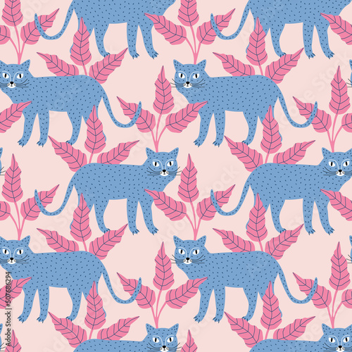 Blue leopards and pink tropical leaves hand drawn vector illustration. Colorful wild cat and jungle in flat style seamless pattern for textile or wallpaper. © Елена Радькова