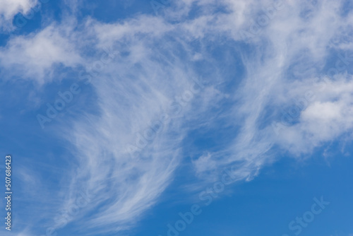 Light cirrus clouds against the blue sky. Bright blue sky with light clouds. Calm texture or background