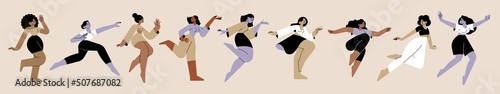Women in different poses and movements, running, dancing, jumping, exercising. Vector illustrations of freedom, happiness, enjoyment of life for graphic and web design, marketing, beauty, fashion.