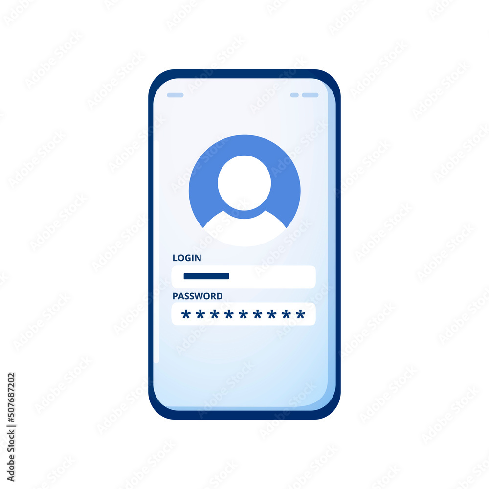 Account login and password form, smartphone app. User authorization, UX UI interface, login authentication page, sign up Account login and password form, smartphone app. User authorization, UX UI interface, login authentication page, sign up