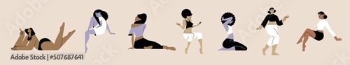 Women in different poses, rest, relax, enjoy free time. Vector illustration concepts of freedom, happiness, enjoyment of life for graphic and web design, marketing, beauty, fashion and healthy life.