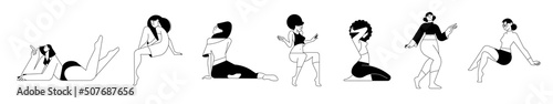 Set of line style design of women in different poses. Vector illustration concepts for resting, relaxing, enjoying free time, for graphic and web design, marketing, beauty and fashion.