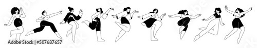 Set of line style design of women in different poses and movements, running, dancing, jumping, exercising. Vector illustrations of freedom, happiness, enjoyment of life for graphic and web design.
