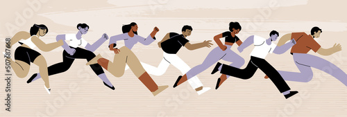 Group of runners. Vector illustration concept of active male and female running, business competition, run to success, career challenge, ambition, recreation and sport. 