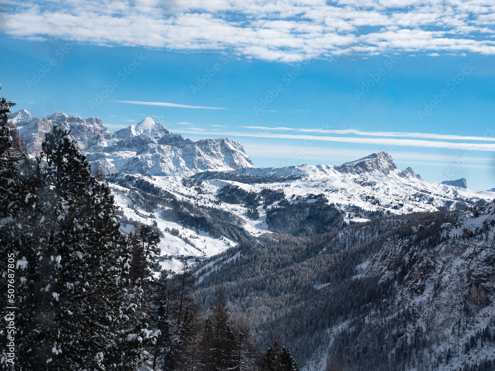 View of the Snow-covered Rocks of the italian Dolomites Mountains on a Beautiful Sunny Day
