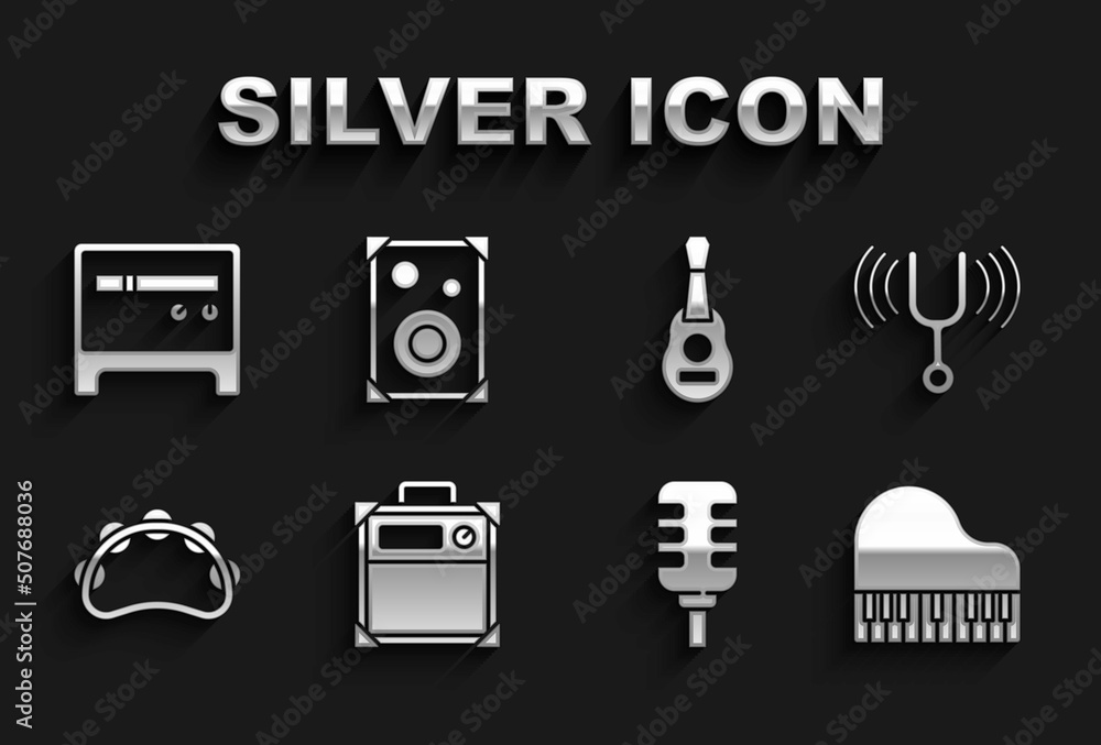 Set Guitar amplifier, Musical tuning fork, Grand piano, Microphone, Tambourine, and Stereo speaker icon. Vector Set Guitar amplifier, Musical tuning fork, Grand piano, Microphone, Tambourine, and Stereo speaker icon. Vector