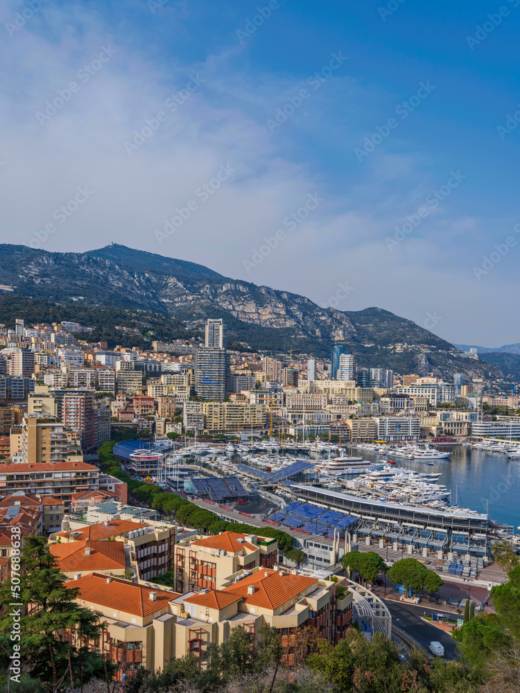 Monaco City buildings and the harbour on a beautiful summer day